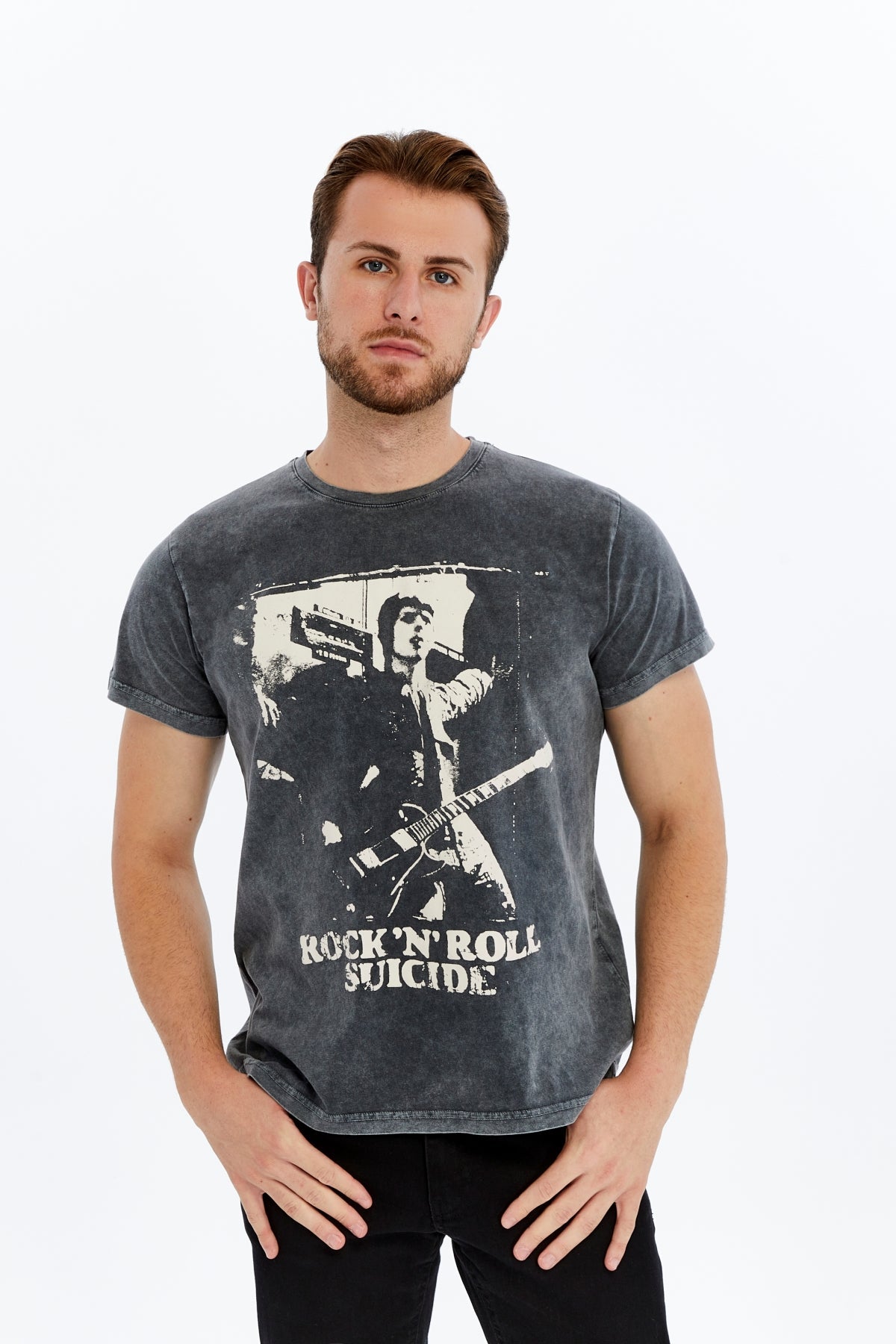 Stone Washed ROCK & ROLL SCDE  MUSIC   Printed Cotton  T-shirt