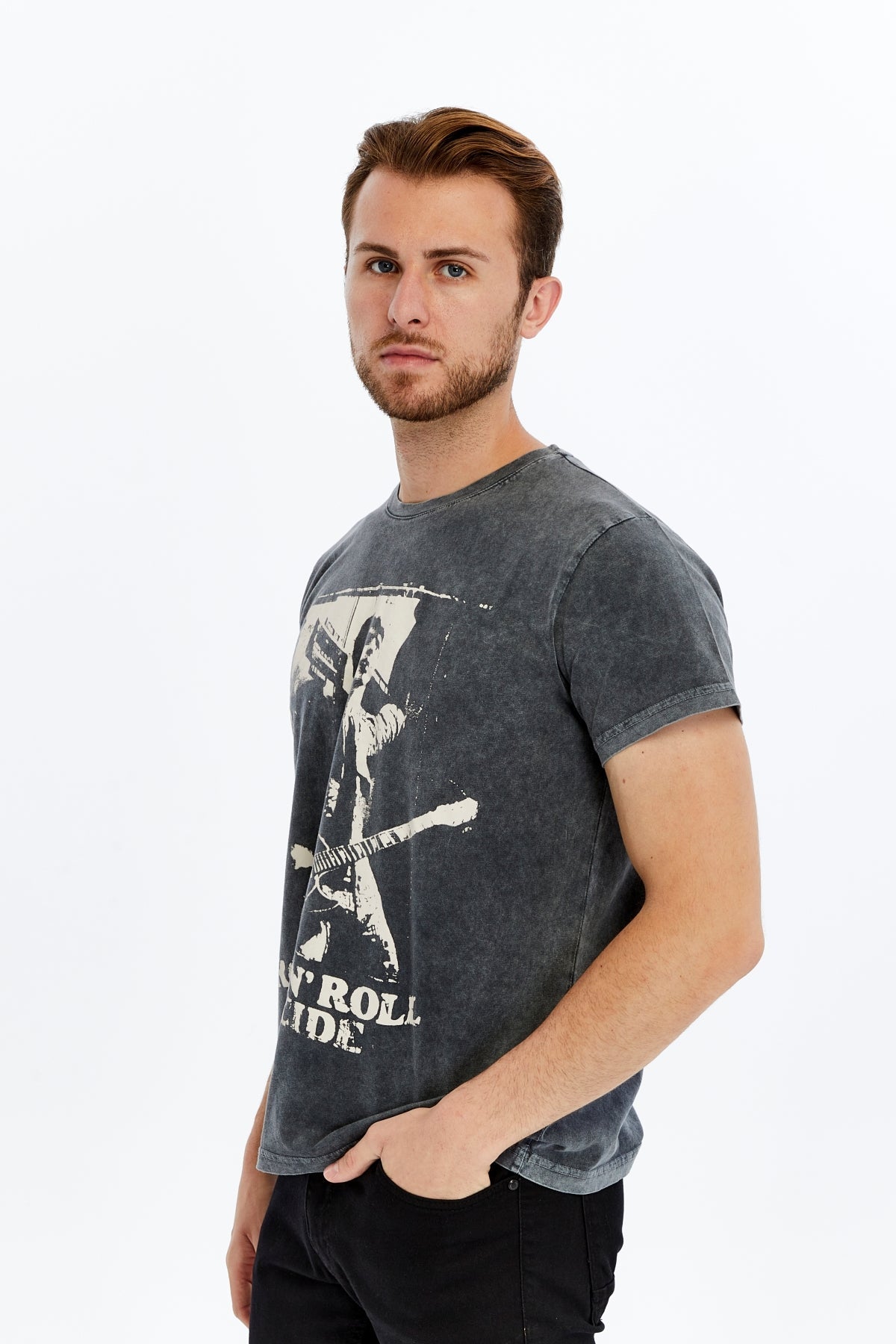 Stone Washed ROCK & ROLL SCDE  MUSIC   Printed Cotton  T-shirt