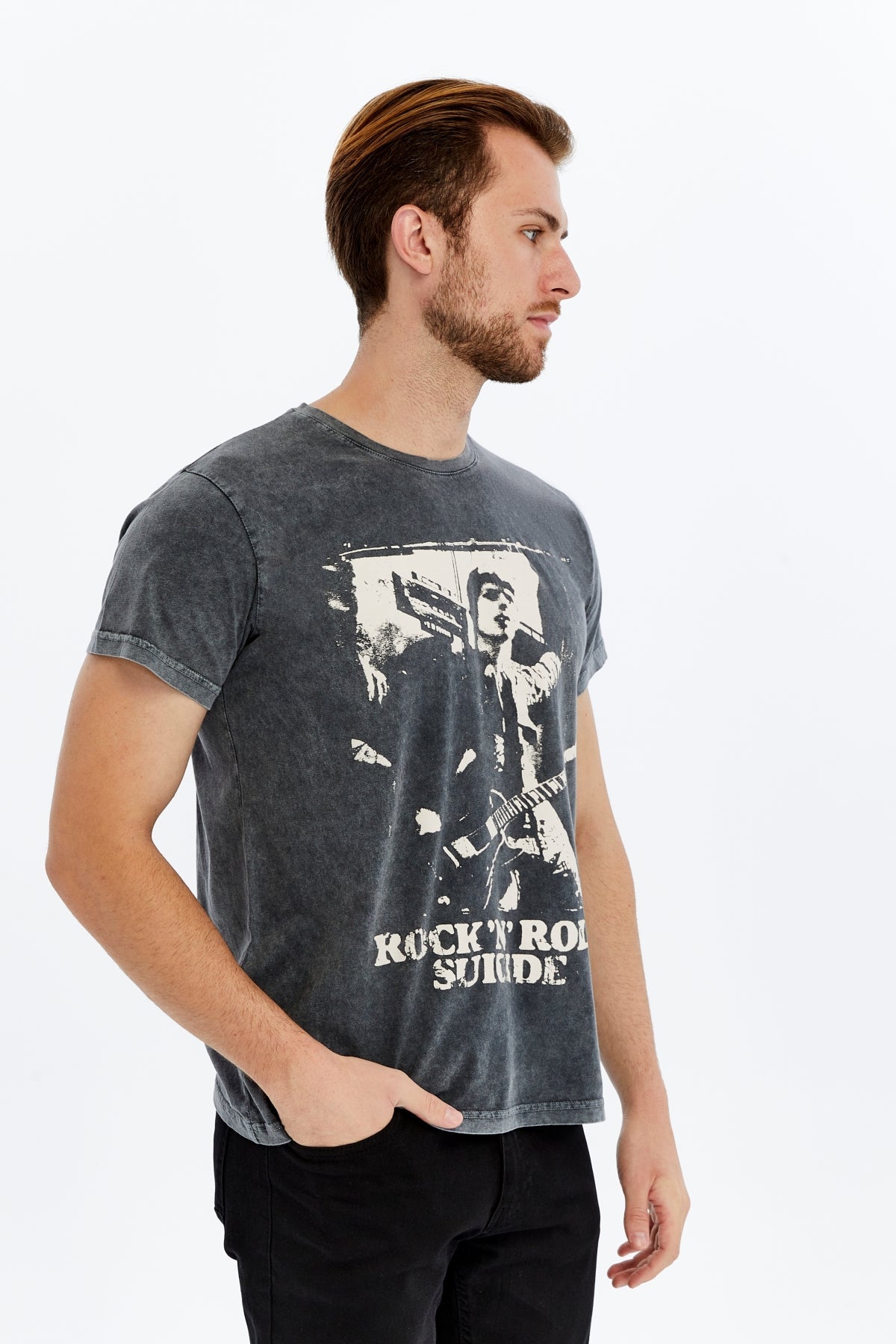 Stone Washed ROCK & ROLL SCDE  MUSIC   Printed Cotton  T-shirt