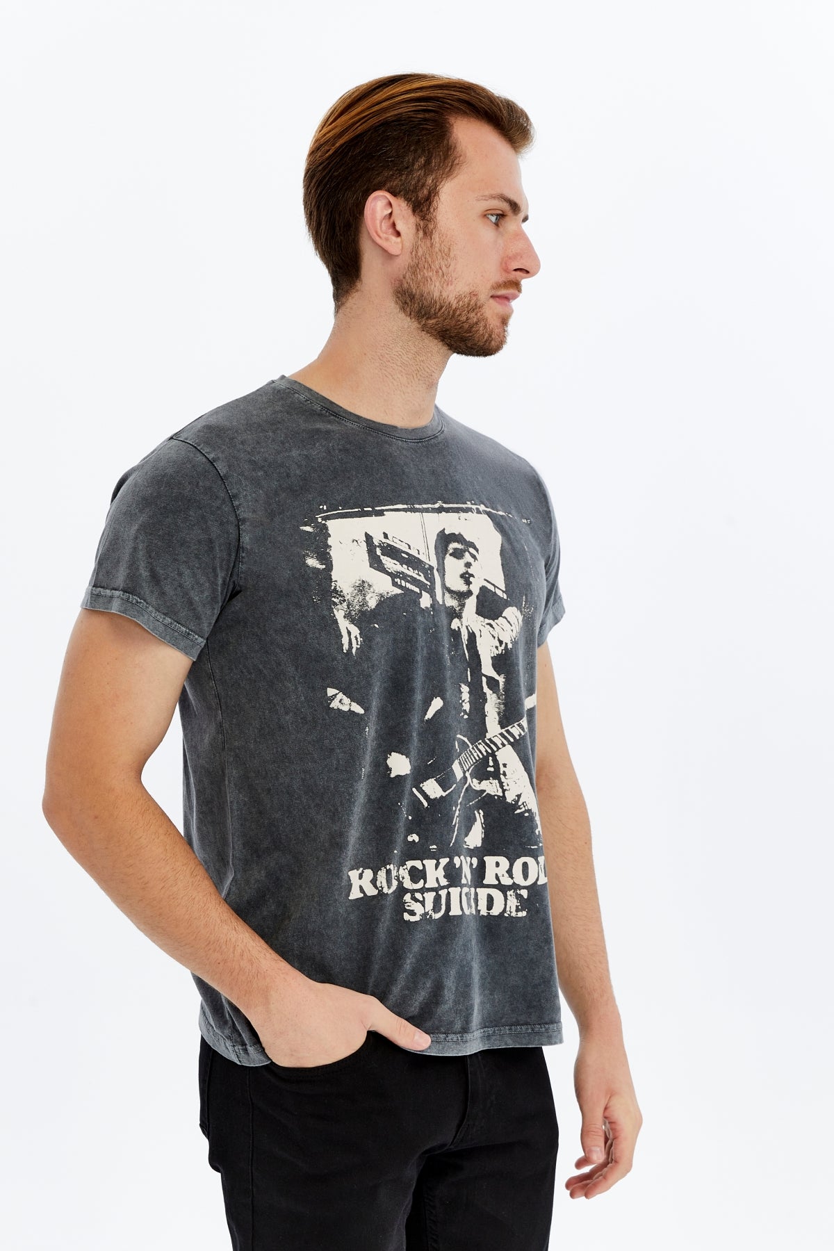 Stone Washed ROCK & ROLL SCDE  MUSIC   Printed Cotton  T-shirt