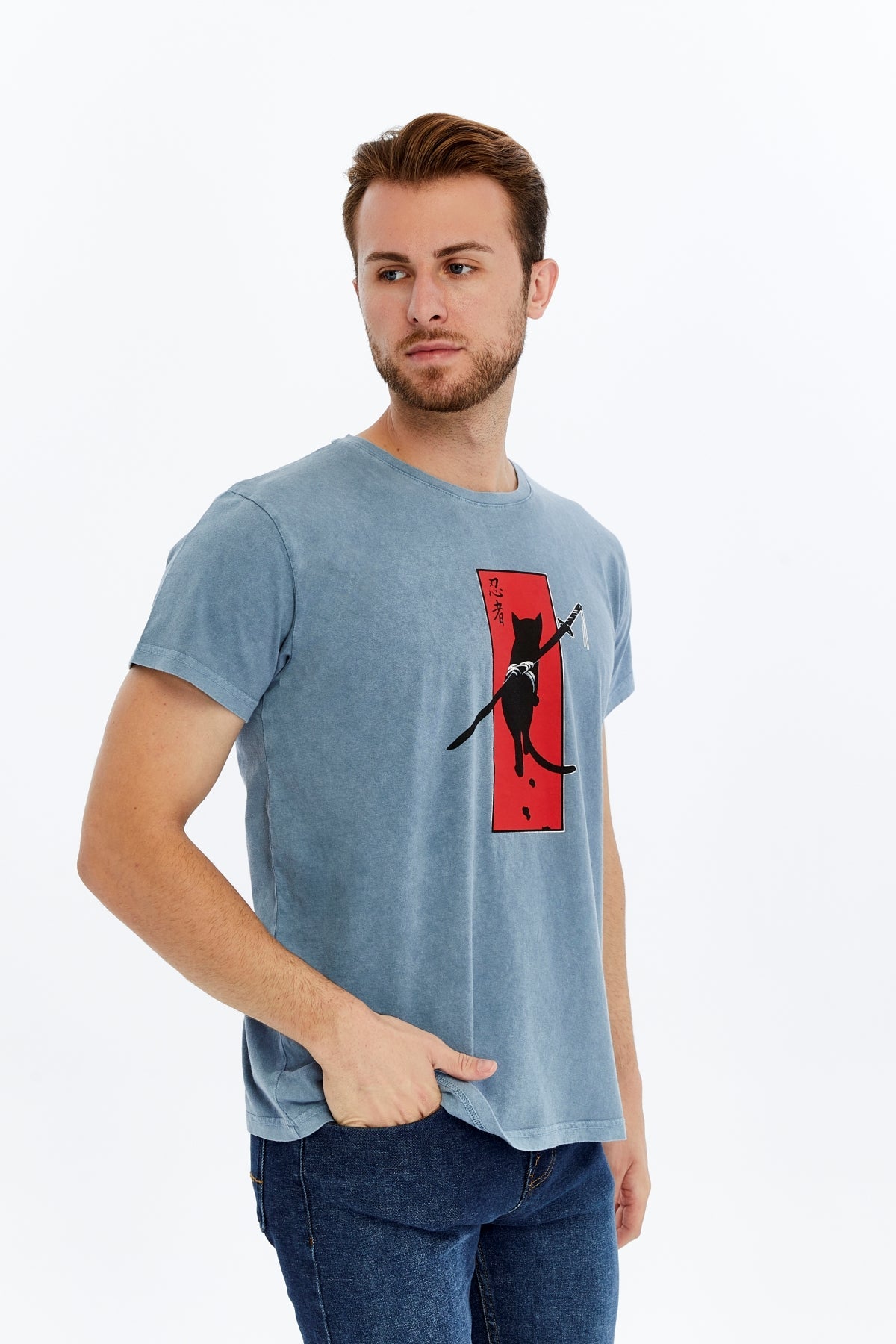 NINJA CAT SAMURAI Printed Acid Washed Cotton  T-shirt
