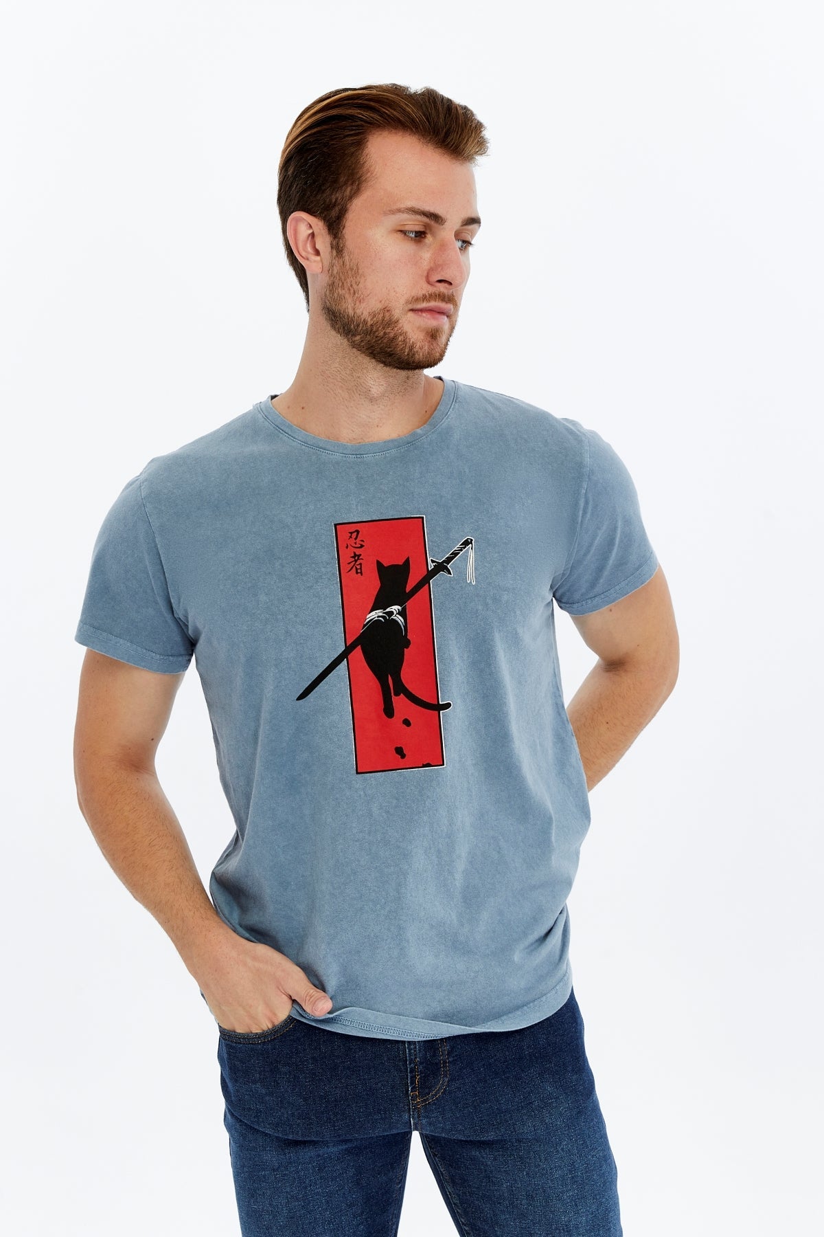 NINJA CAT SAMURAI Printed Acid Washed Cotton  T-shirt