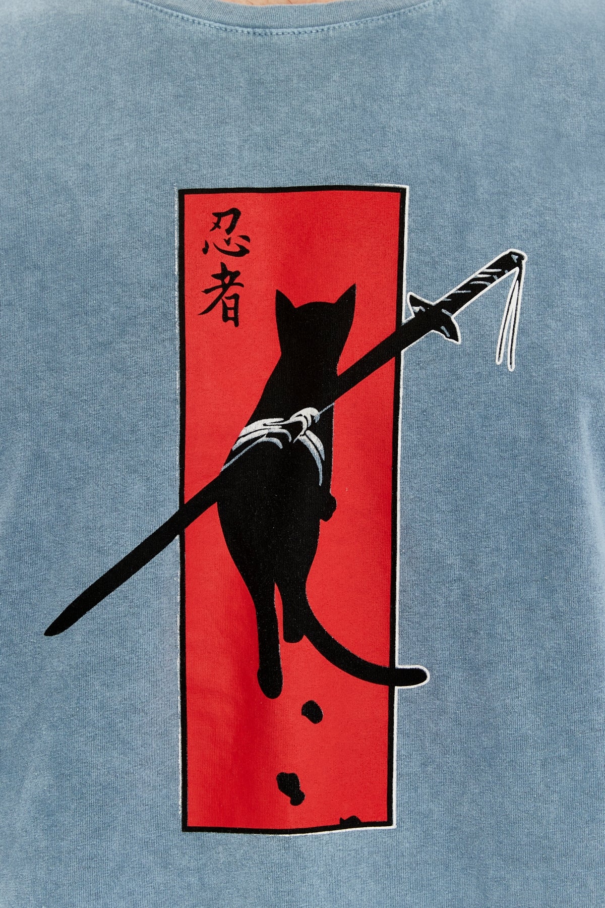 NINJA CAT SAMURAI Printed Acid Washed Cotton  T-shirt