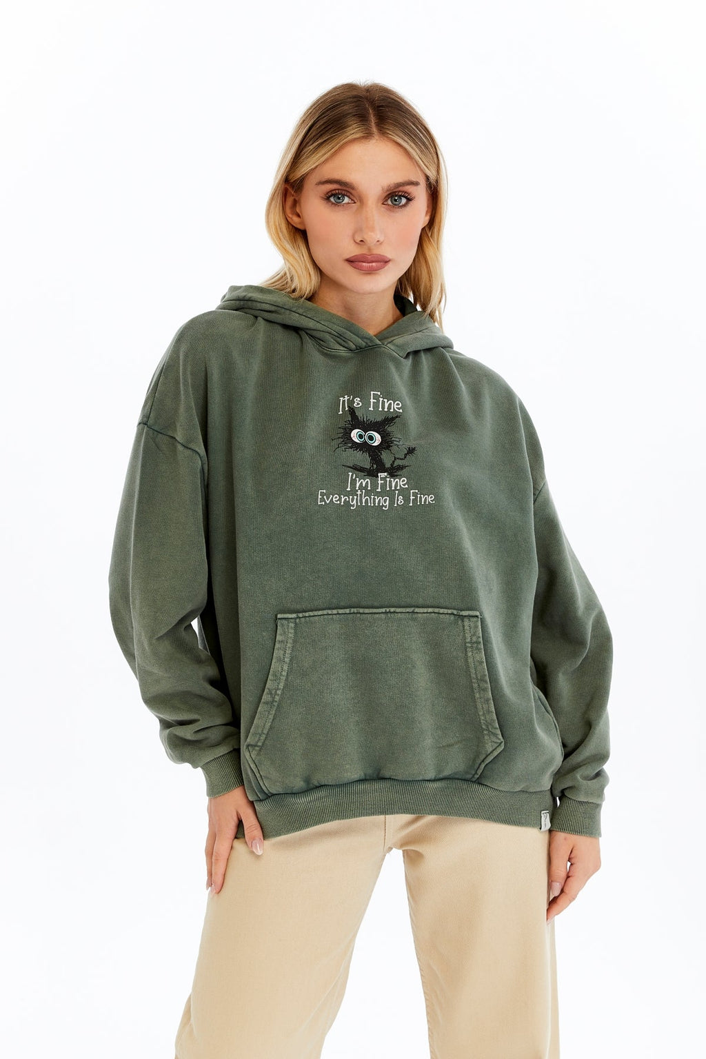 Stone Washed I am Fine Everything is Fine Printed Women Cotton Hoodie