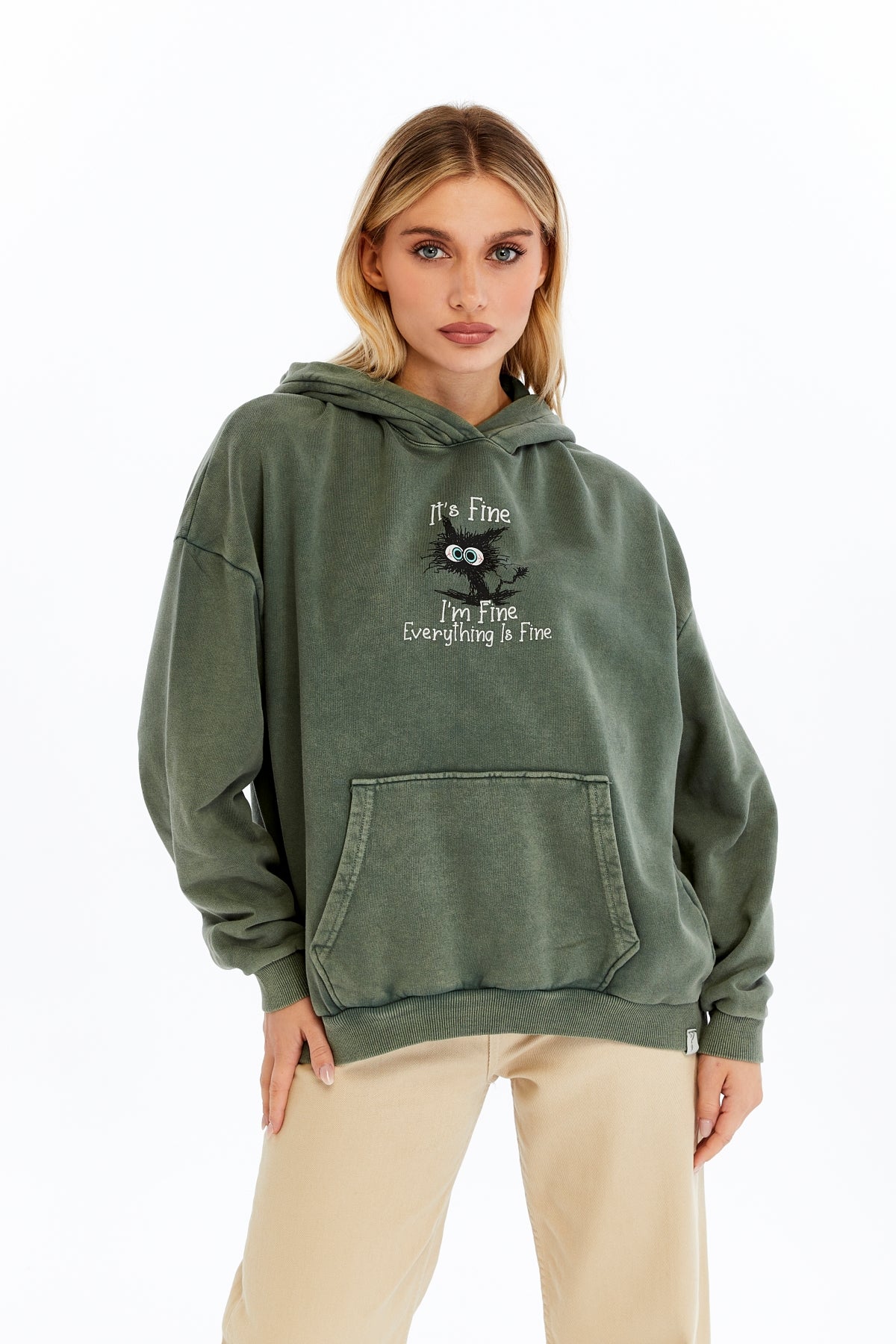 Stone Washed I am Fine Everything is Fine Printed Women Cotton Hoodie