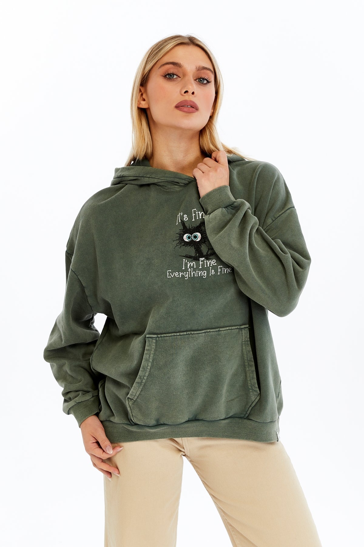 Stone Washed I am Fine Everything is Fine Printed Women Cotton Hoodie