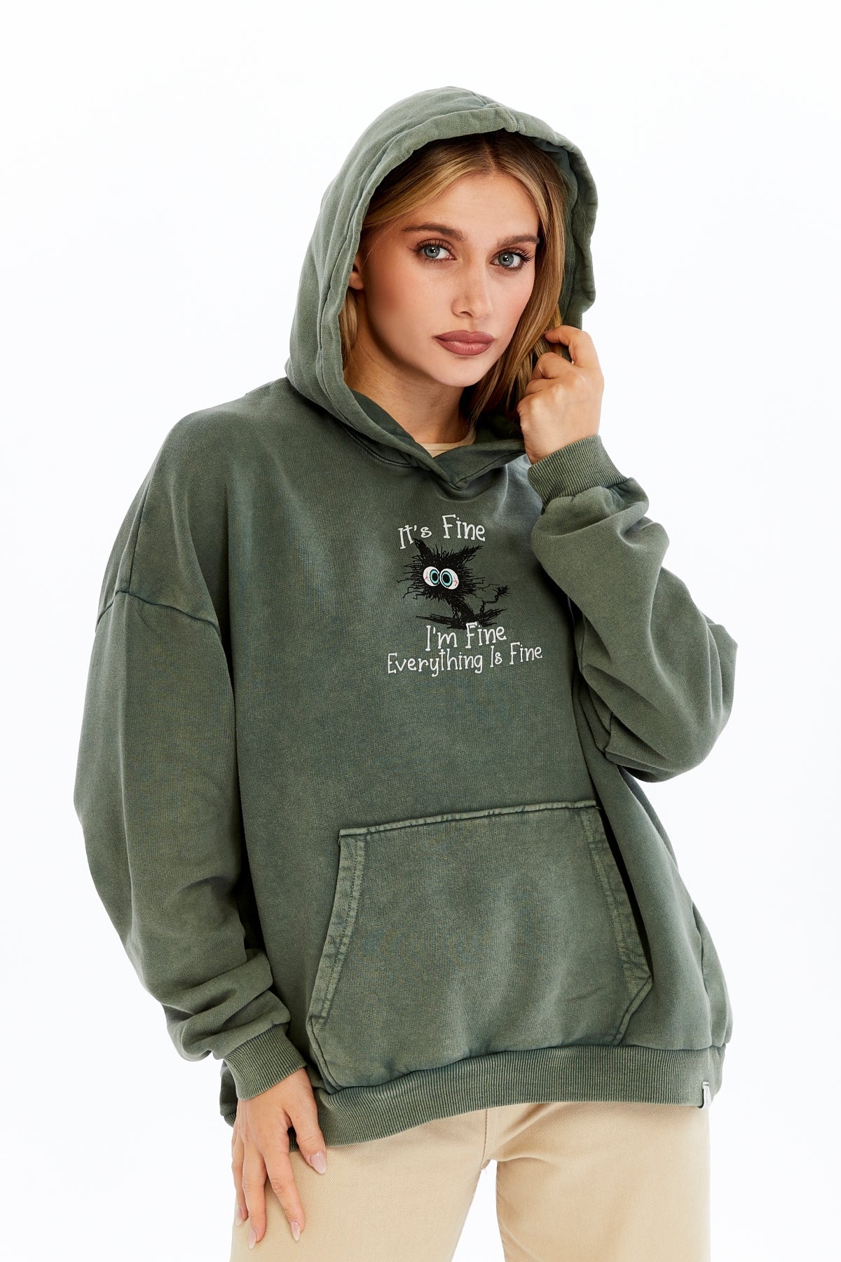 Stone Washed I am Fine Everything is Fine Printed Women Cotton Hoodie