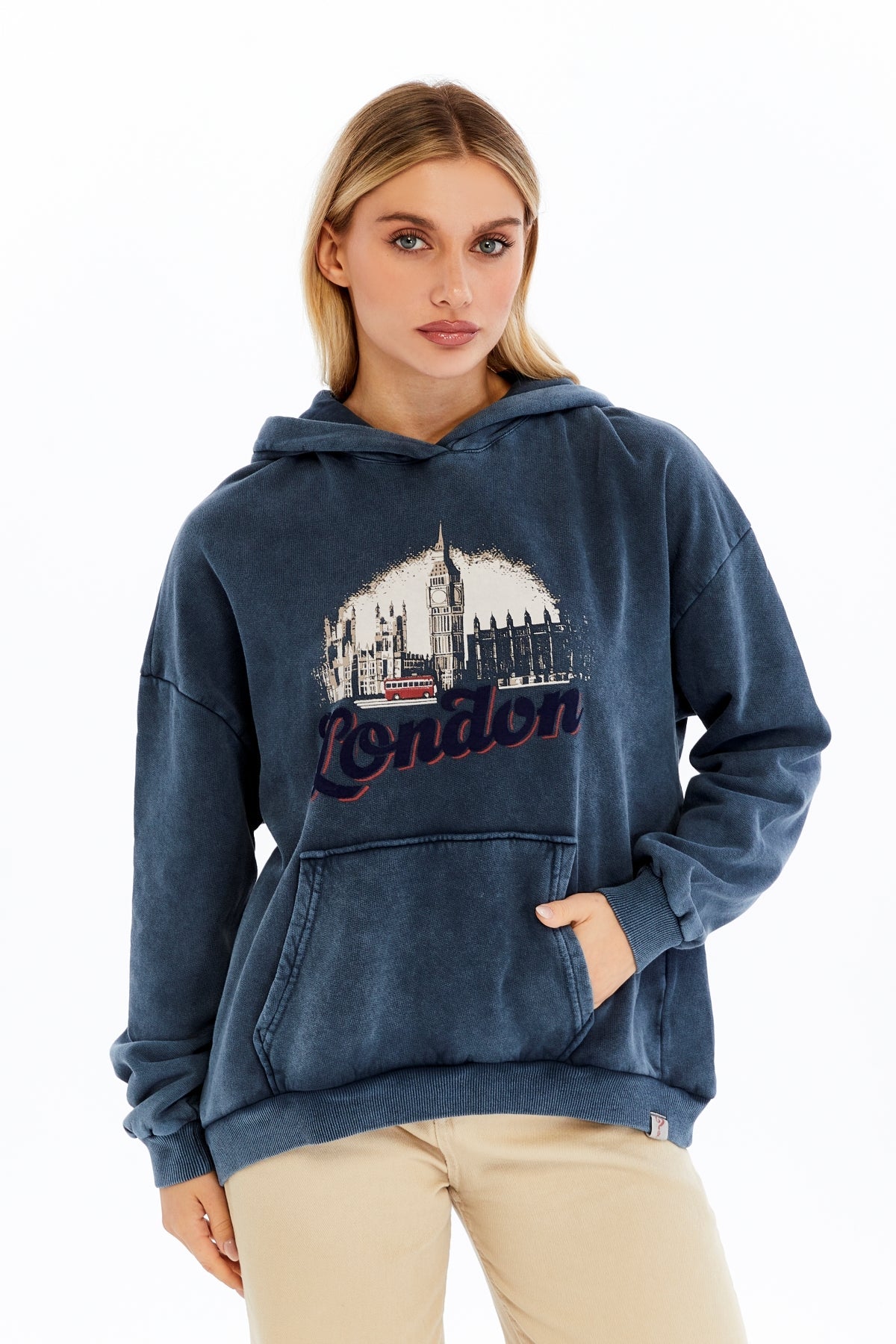 Stone Washed LONDON BUS Printed  Women Cotton Hoodie