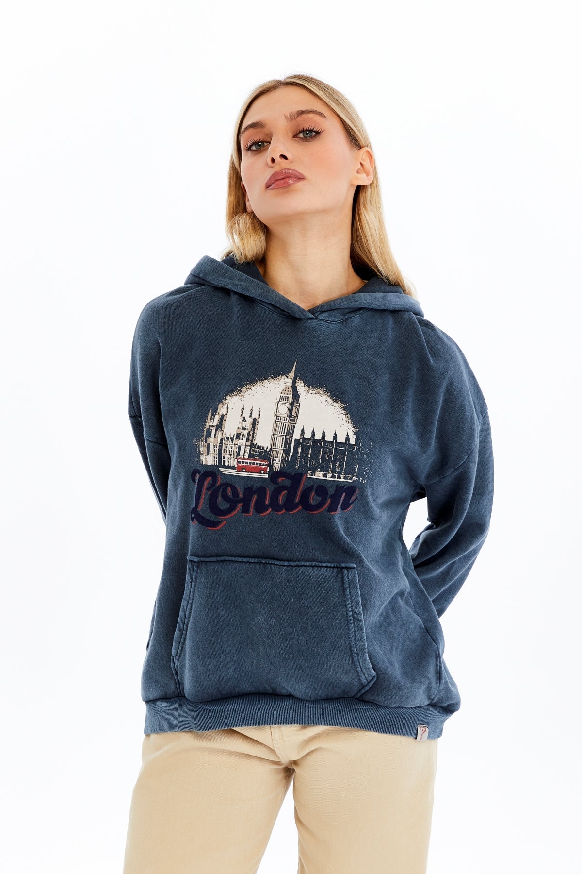 Stone Washed LONDON BUS Printed  Women Cotton Hoodie