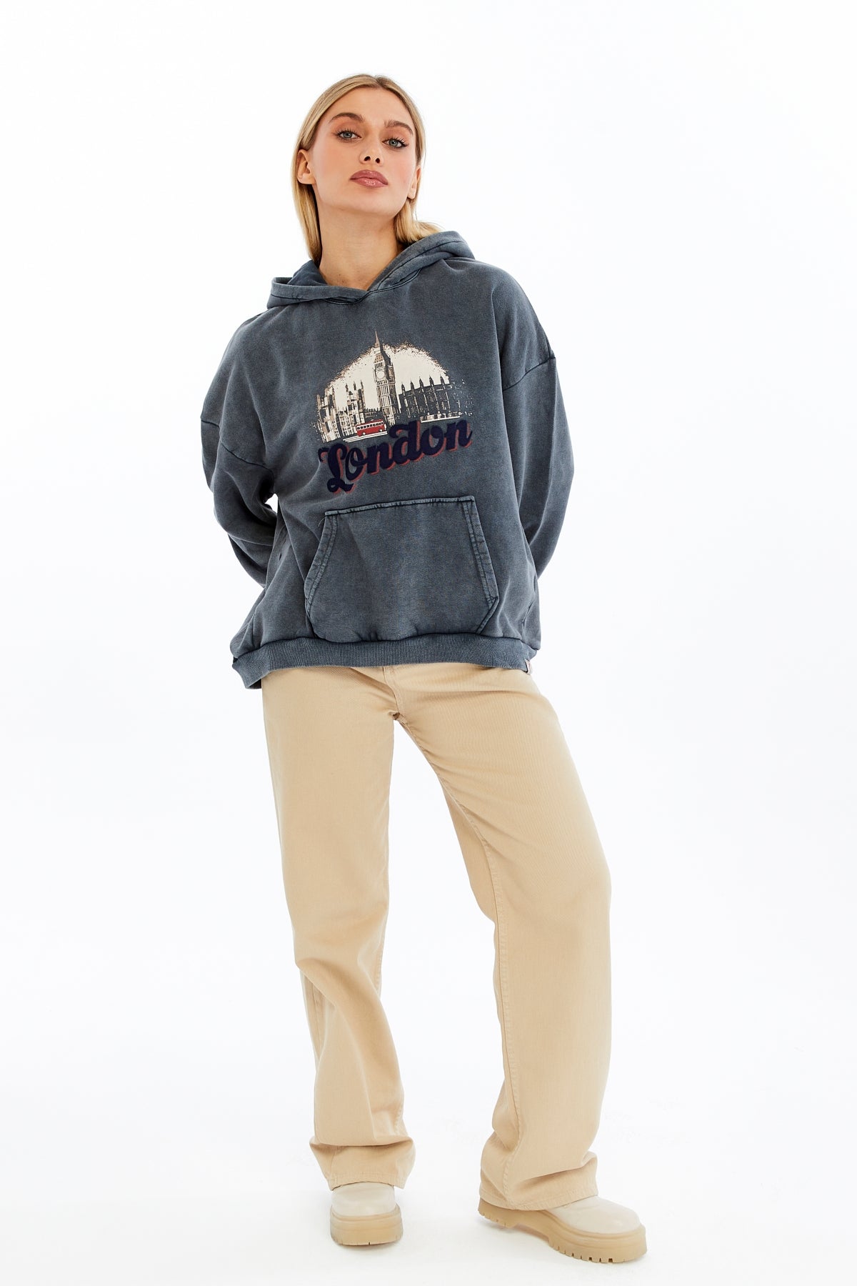 Stone Washed LONDON BUS Printed  Women Cotton Hoodie