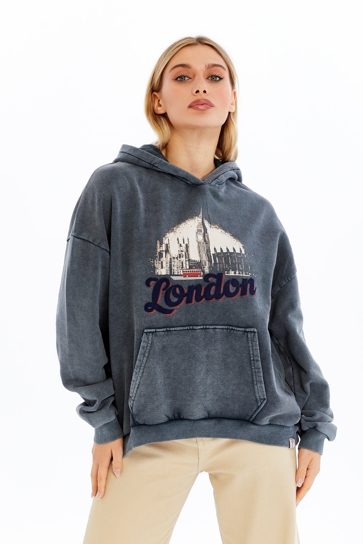 Stone Washed LONDON BUS Printed  Women Cotton Hoodie