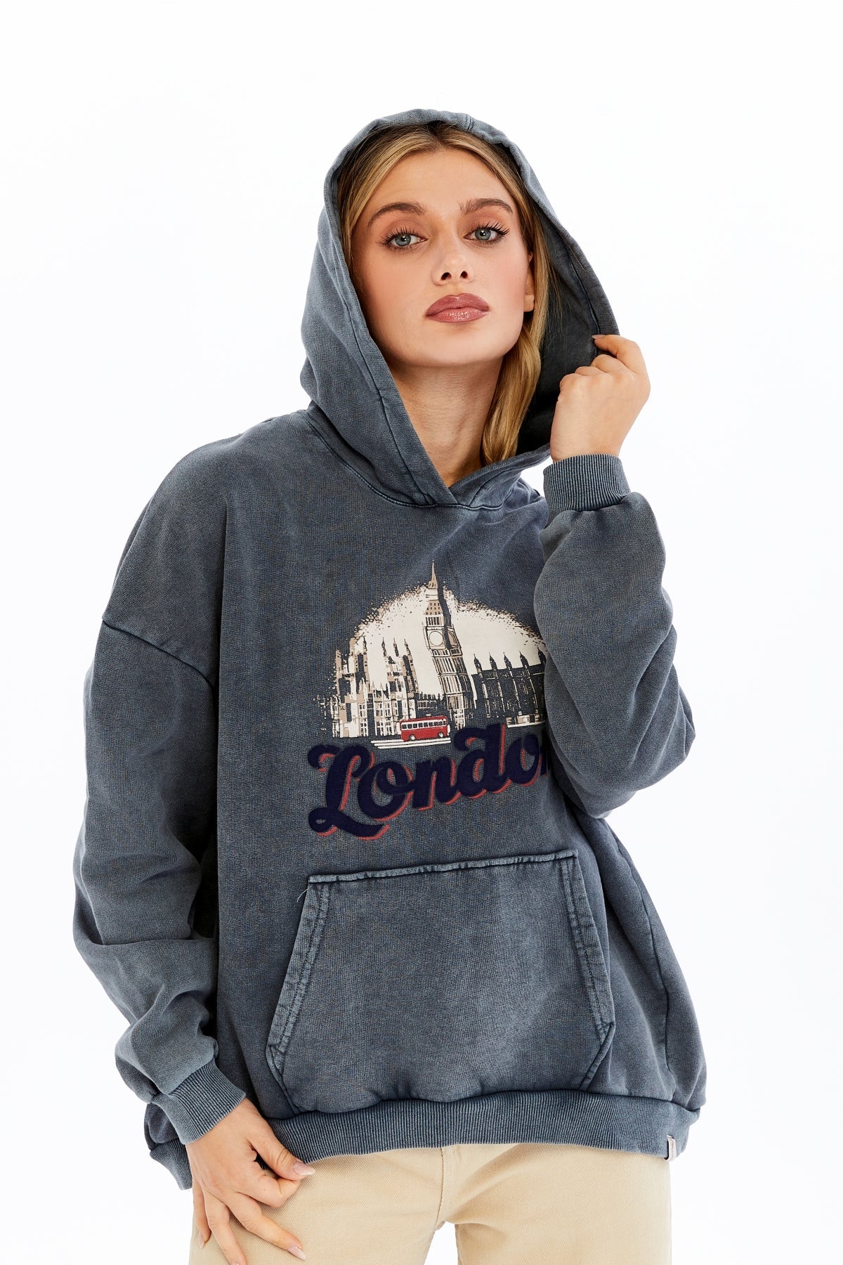 Stone Washed LONDON BUS Printed  Women Cotton Hoodie