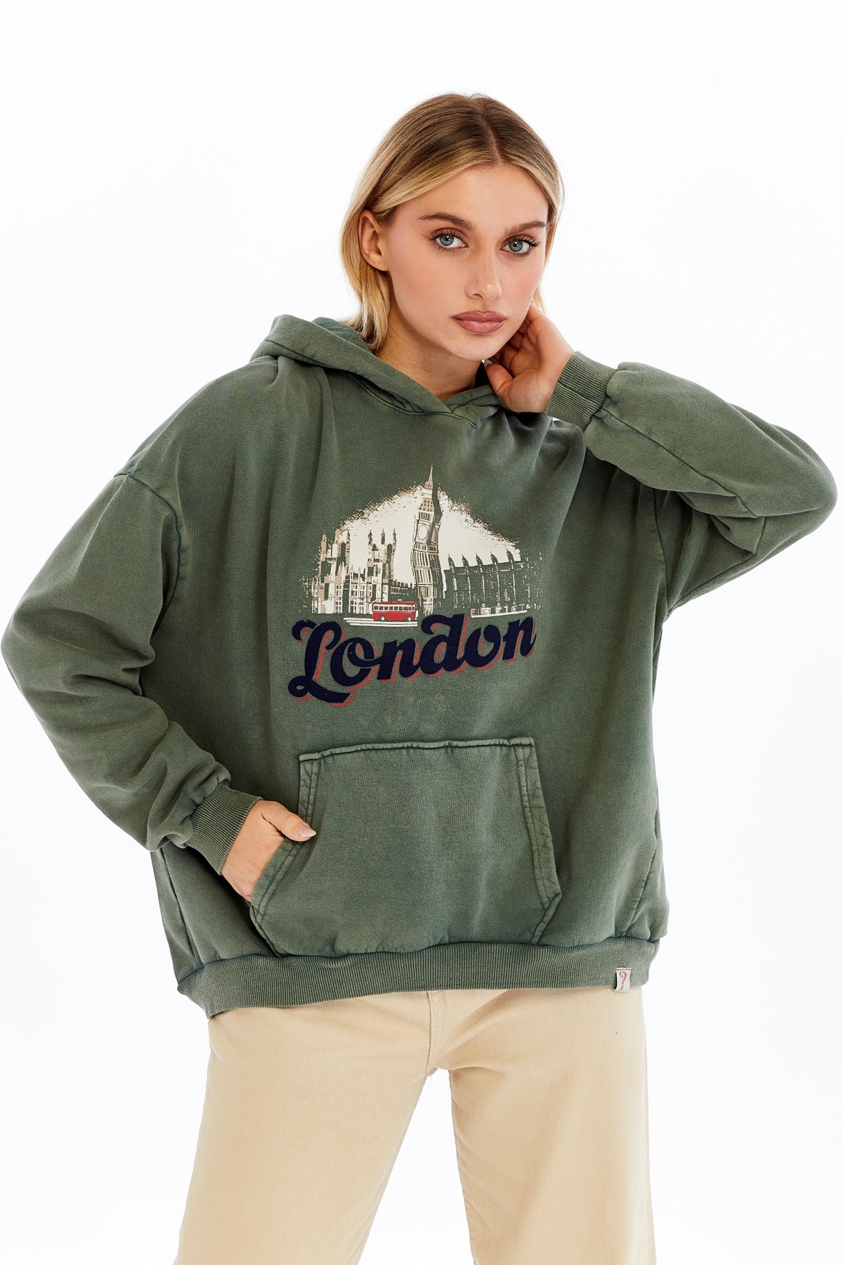Stone Washed LONDON BUS Printed  Women Cotton Hoodie