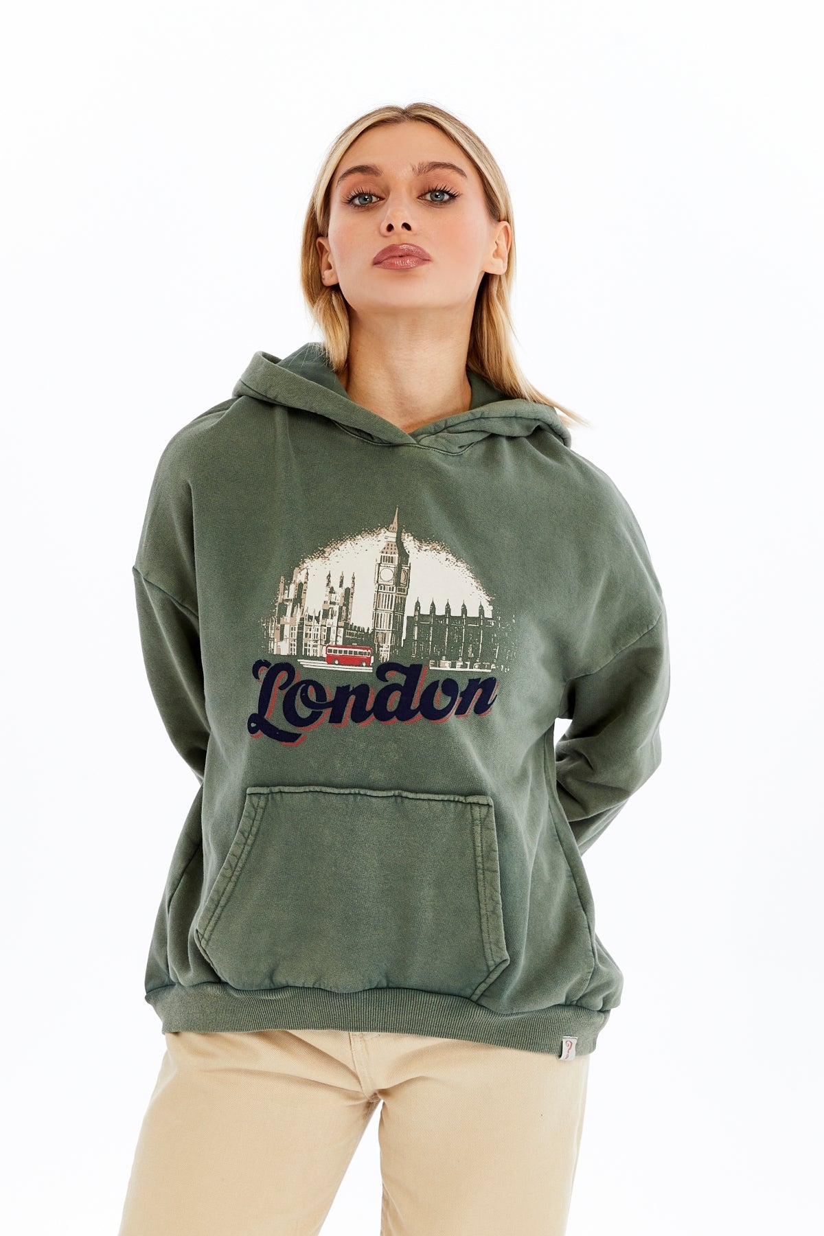 Stone Washed LONDON BUS Printed  Women Cotton Hoodie