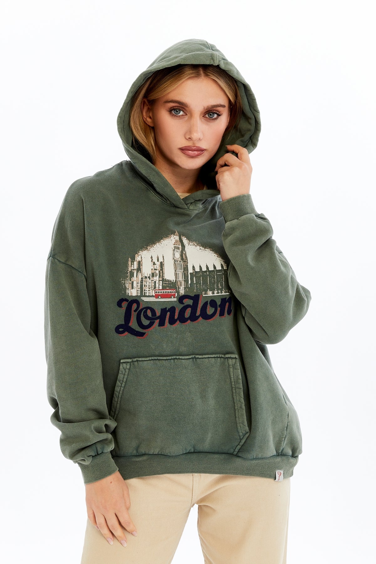 Stone Washed LONDON BUS Printed  Women Cotton Hoodie
