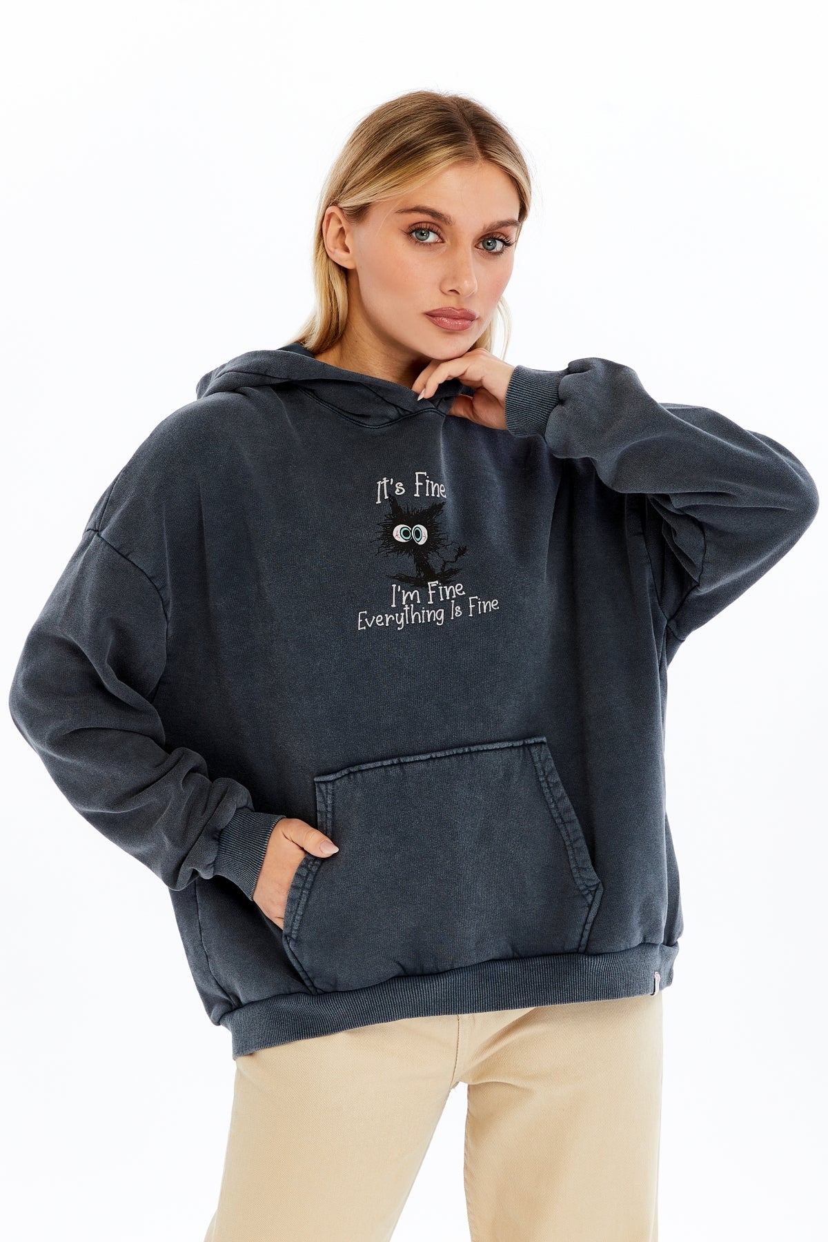 Stone Washed I am Fine Everything is Fine Printed Women Cotton Hoodie