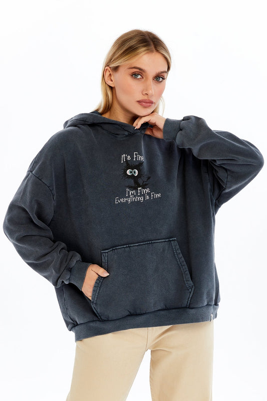 Stone Washed I am Fine Everything is Fine Printed Women Cotton Hoodie