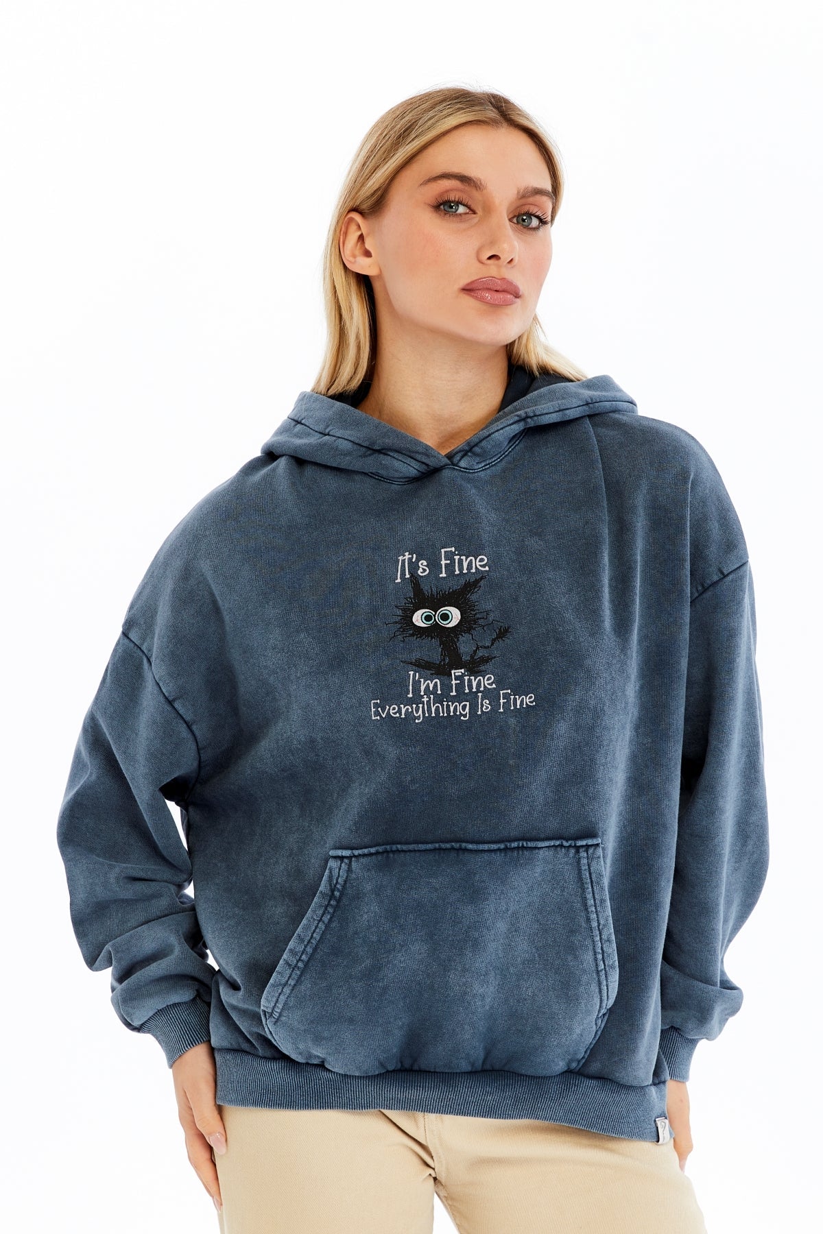 Stone Washed I am Fine Everything is Fine Printed Women Cotton Hoodie