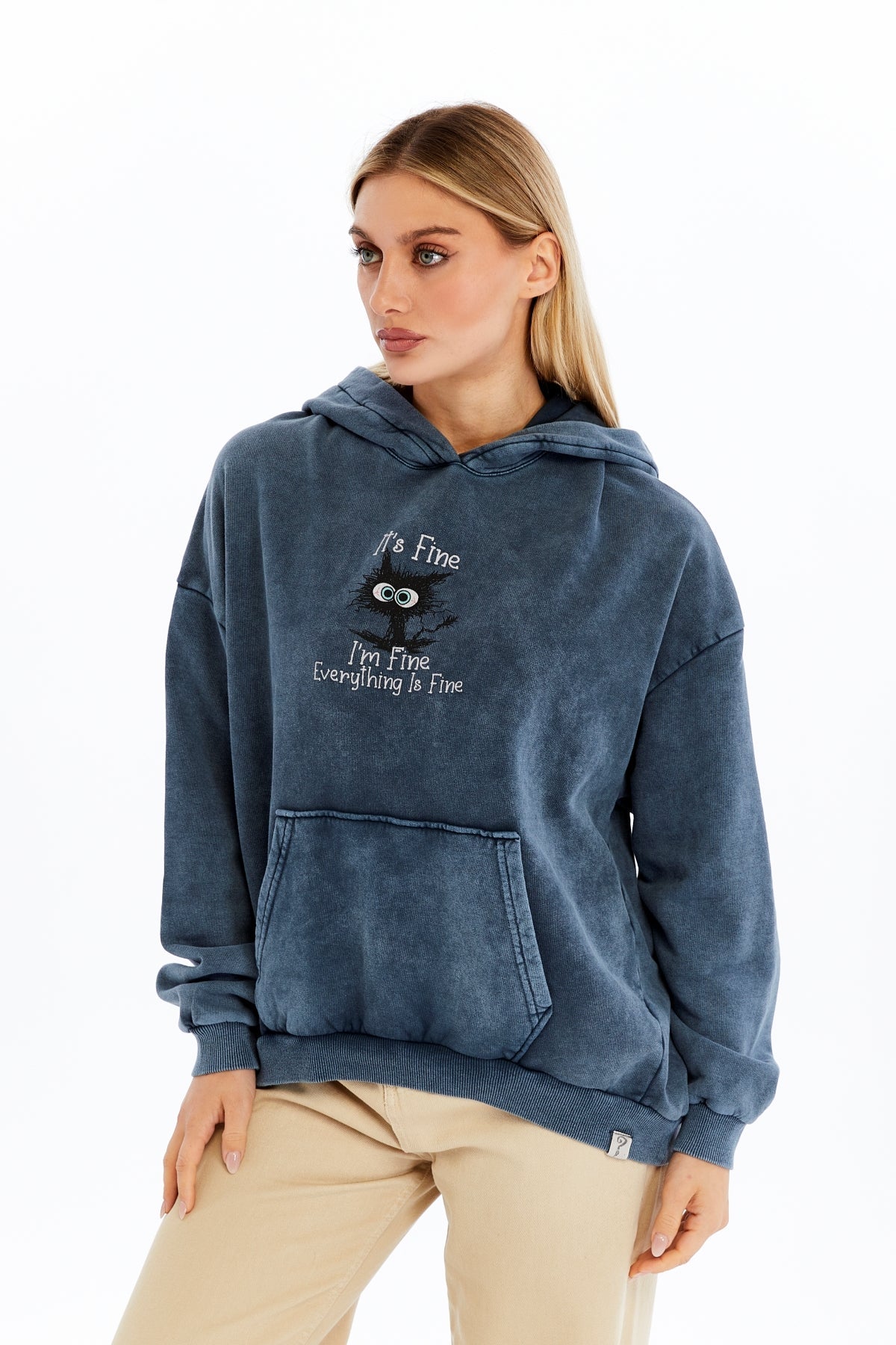 Stone Washed I am Fine Everything is Fine Printed Women Cotton Hoodie