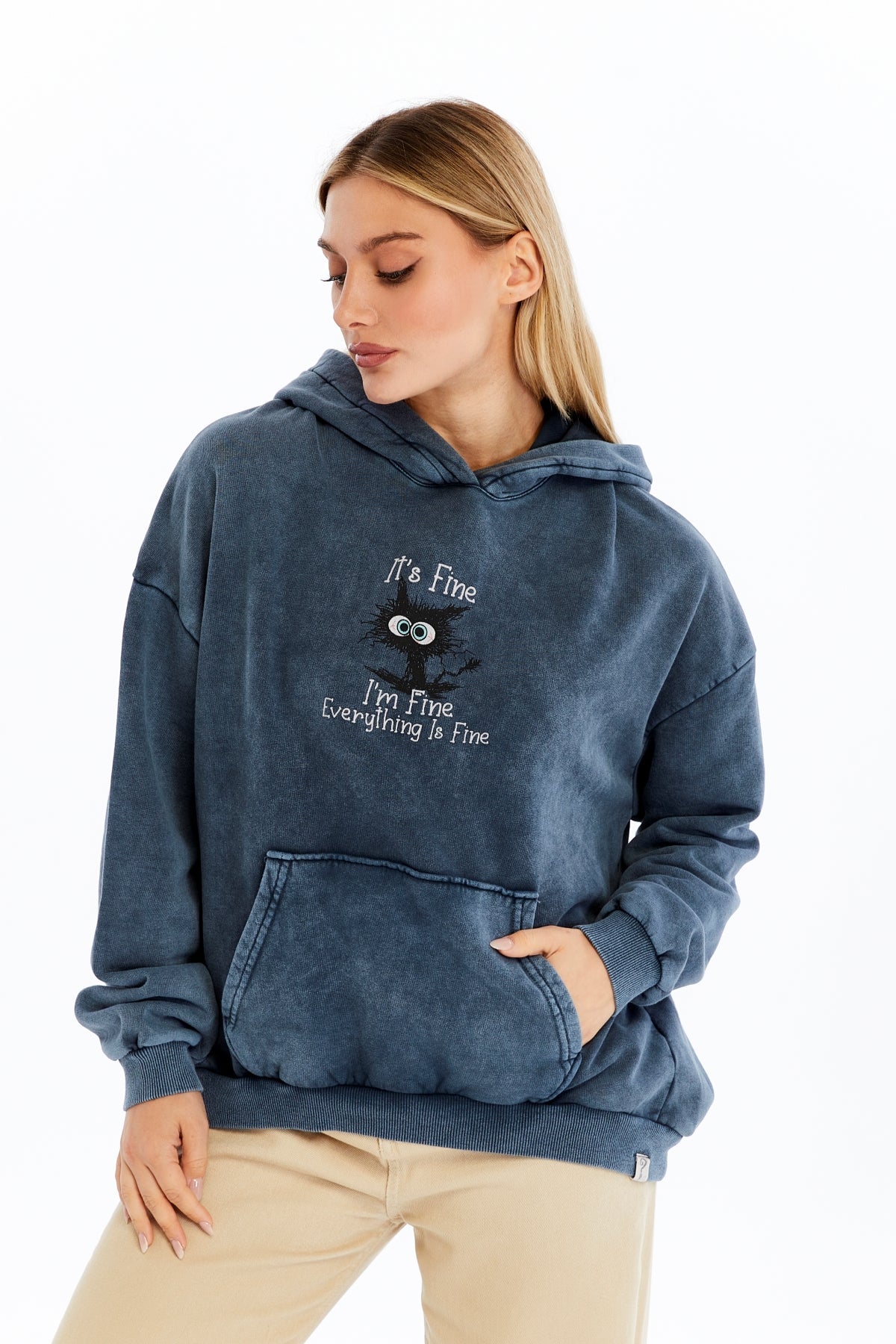 Stone Washed I am Fine Everything is Fine Printed Women Cotton Hoodie