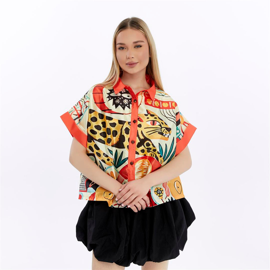 Orange Jungle Colored Printed Baggy Cropped Shirt