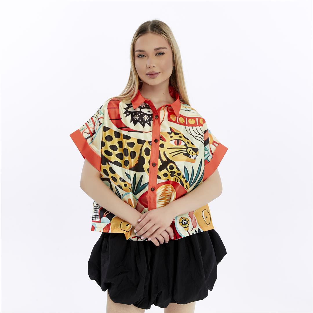 Orange Jungle Colored Printed Baggy Cropped Shirt