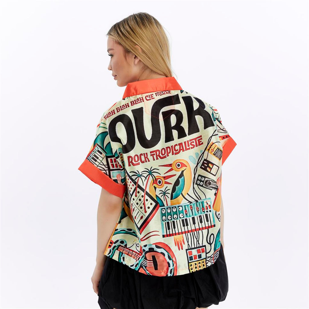 Orange Jungle Colored Printed Baggy Cropped Shirt