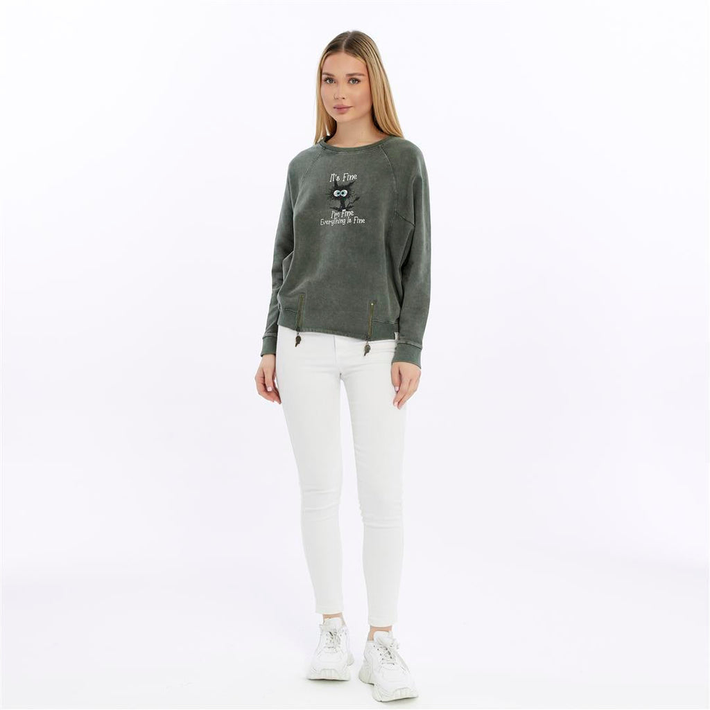 Ballon Cut Zip Front IT'S  FINE  EVEREYTHING  IS FINE Print Women Sweatshirt
