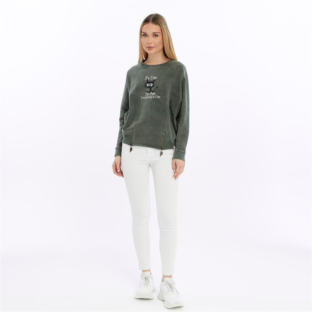 Ballon Cut Zip Front IT'S  FINE  EVEREYTHING  IS FINE Print Women Sweatshirt