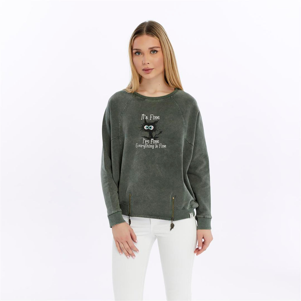 Ballon Cut Zip Front IT'S  FINE  EVEREYTHING  IS FINE Print Women Sweatshirt