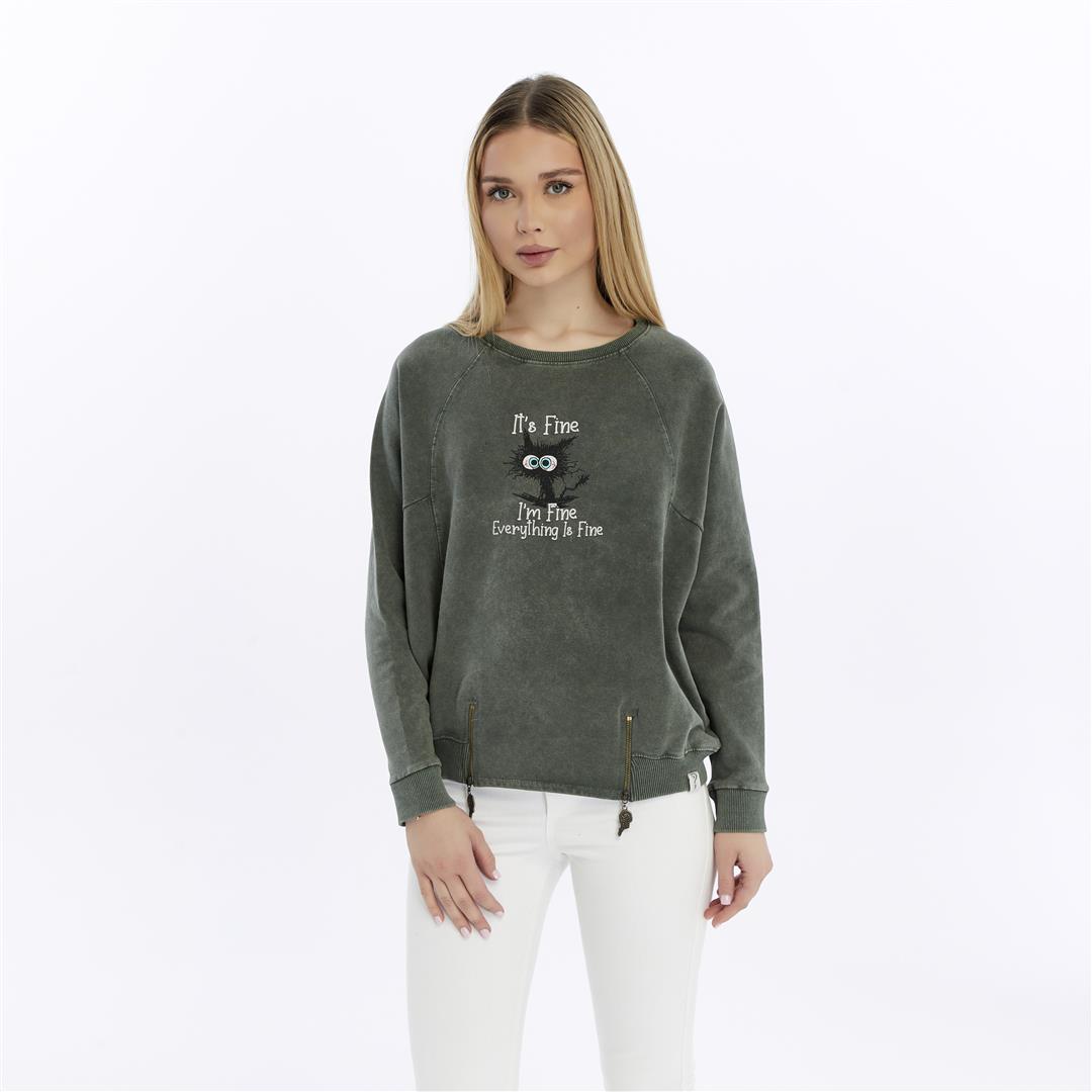 Ballon Cut Zip Front IT'S  FINE  EVEREYTHING  IS FINE Print Women Sweatshirt