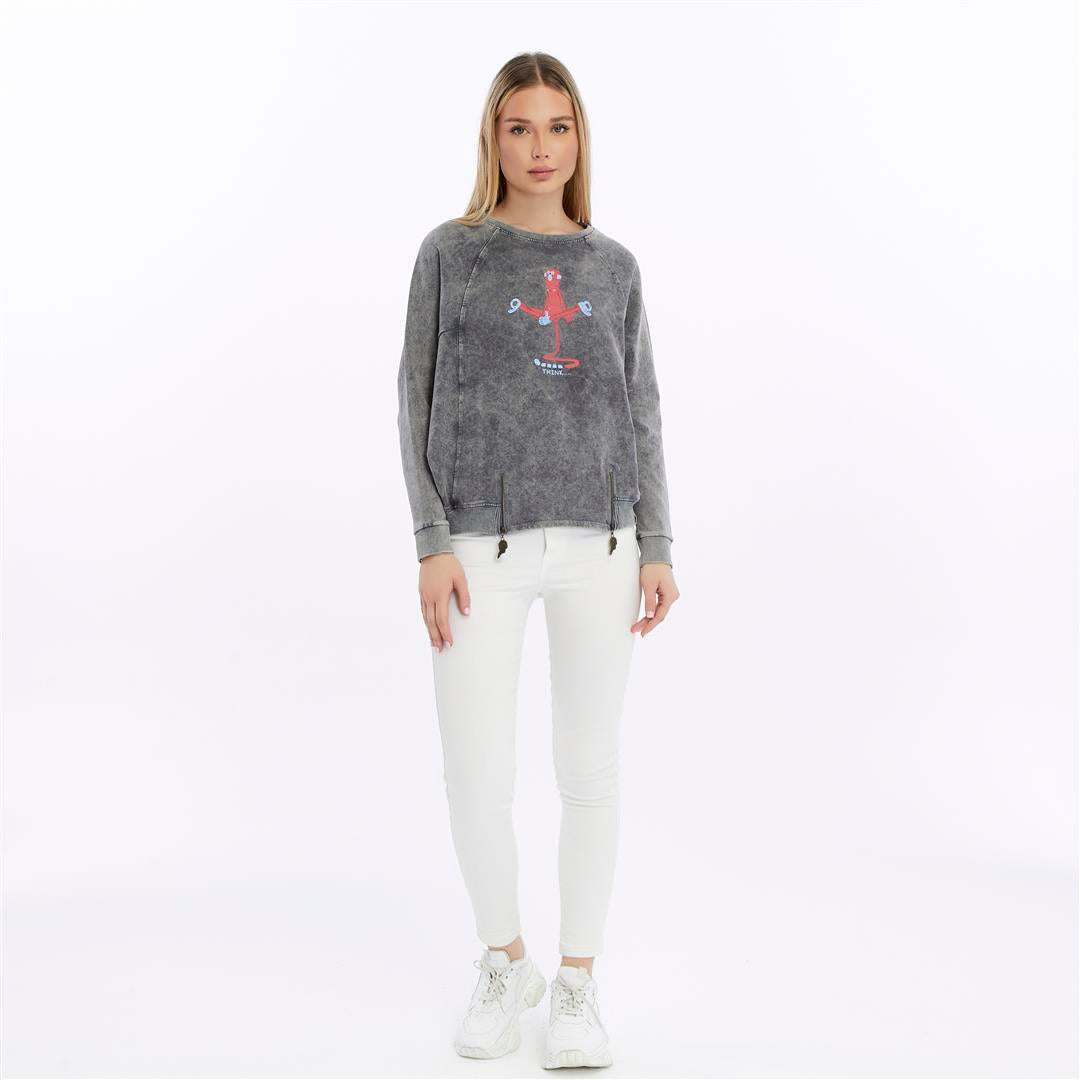 Ballon Cut Zip Front MONKEY THINKING  Print Women Sweatshirt