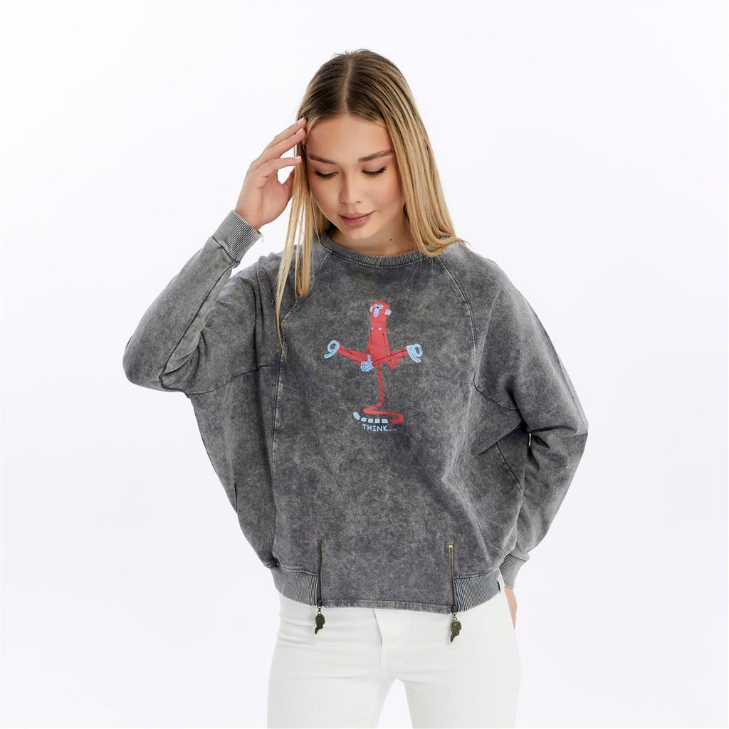 Ballon Cut Zip Front MONKEY THINKING  Print Women Sweatshirt