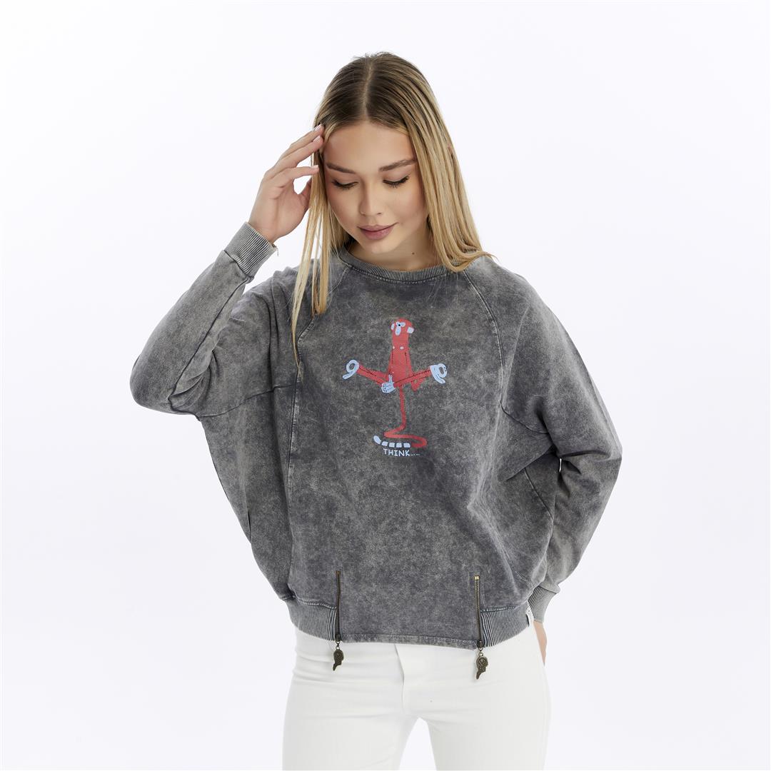 Ballon Cut Zip Front MONKEY THINKING  Print Women Sweatshirt
