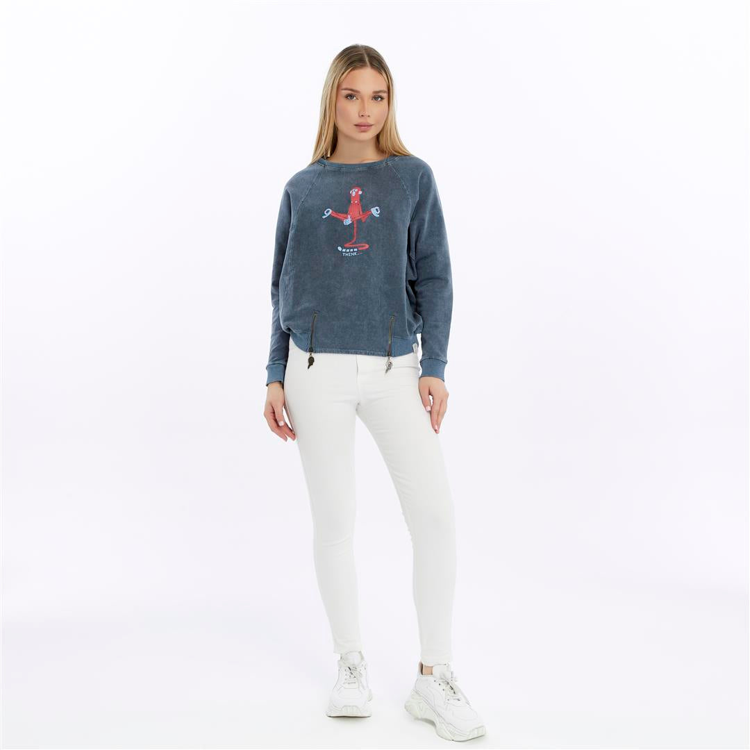 Ballon Cut Zip Front MONKEY THINKING  Print Women Sweatshirt