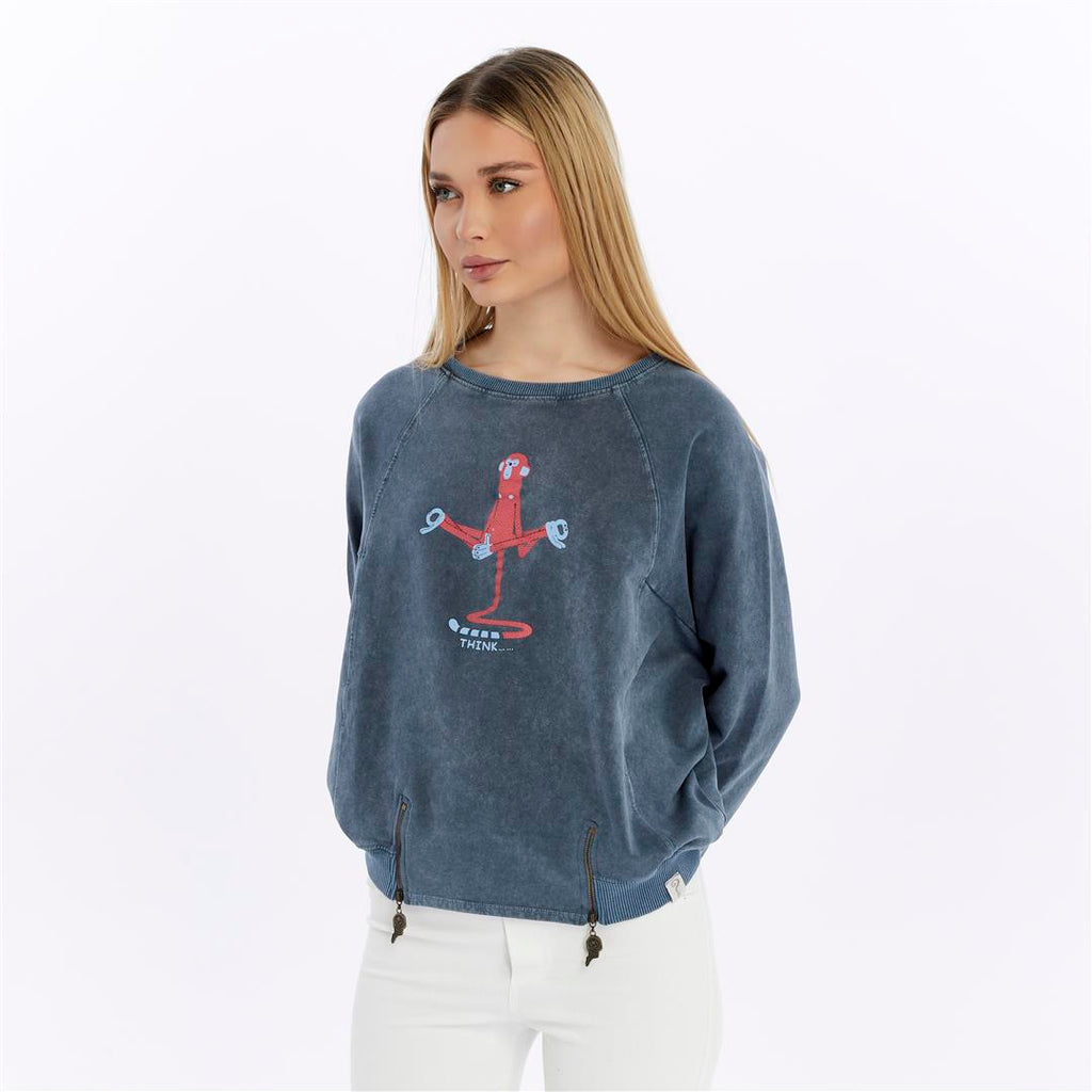Ballon Cut Zip Front MONKEY THINKING  Print Women Sweatshirt