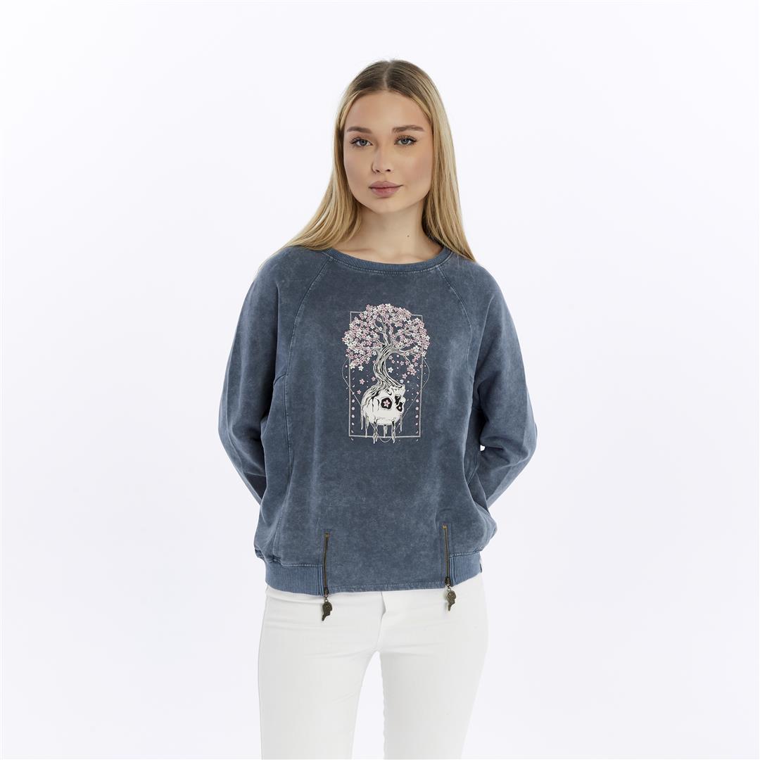 Ballon Cut Zip Front BLOSSOM SKULL  Print Women Sweatshirt