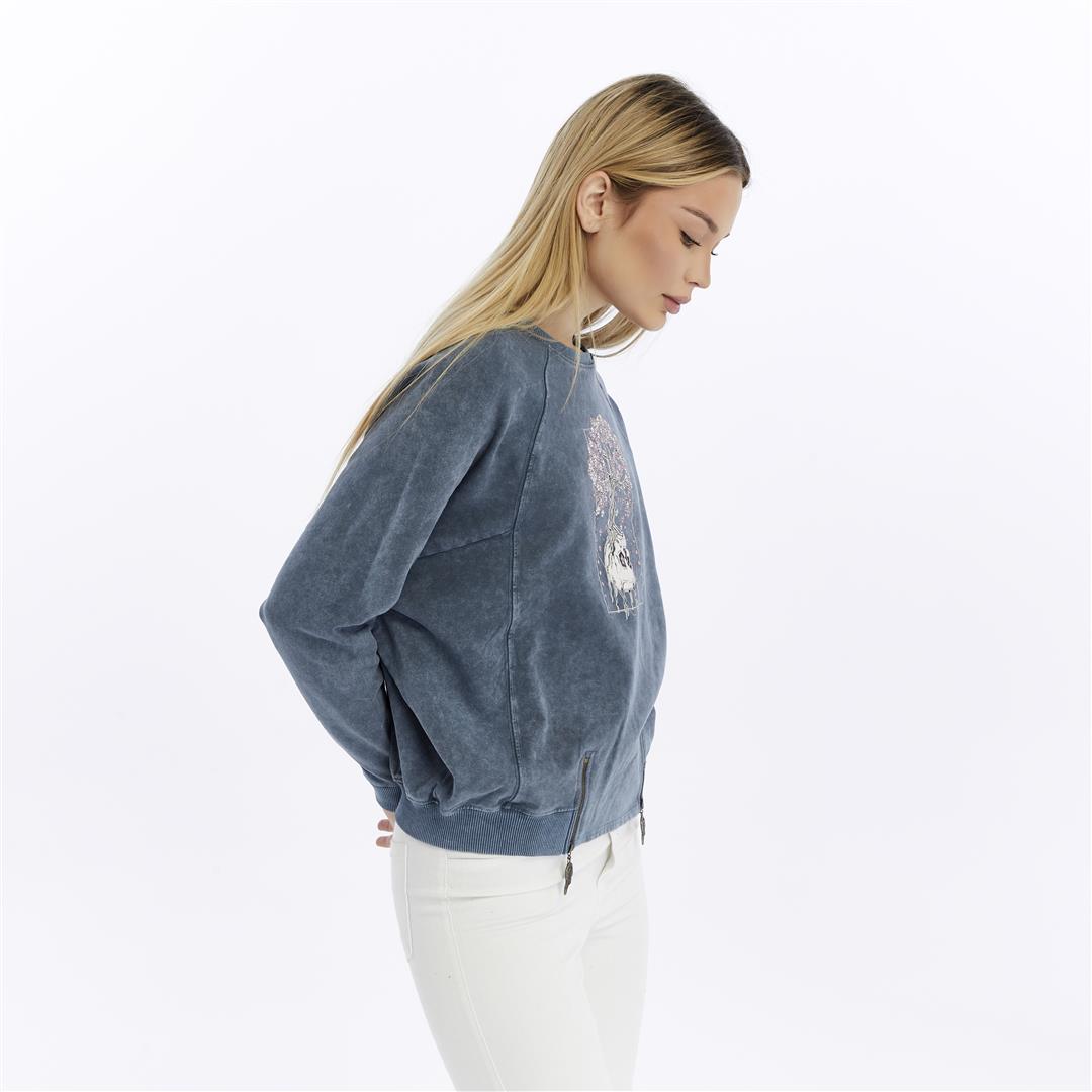 Ballon Cut Zip Front BLOSSOM SKULL  Print Women Sweatshirt