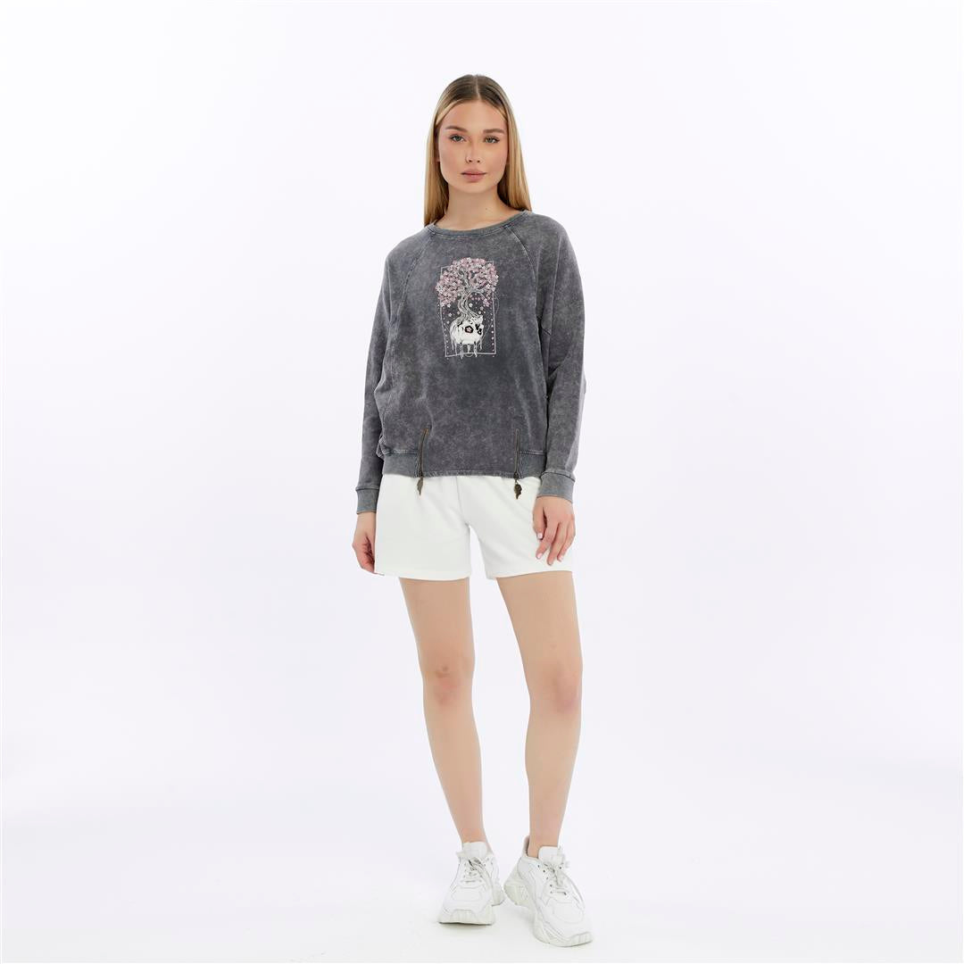 Ballon Cut Zip Front BLOSSOM SKULL  Print Women Sweatshirt