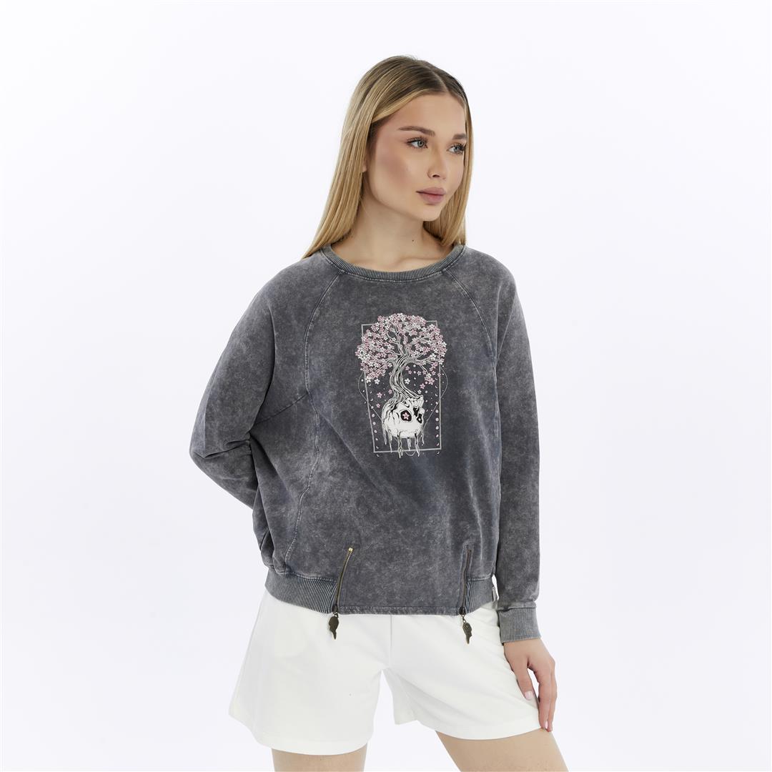 Ballon Cut Zip Front BLOSSOM SKULL  Print Women Sweatshirt