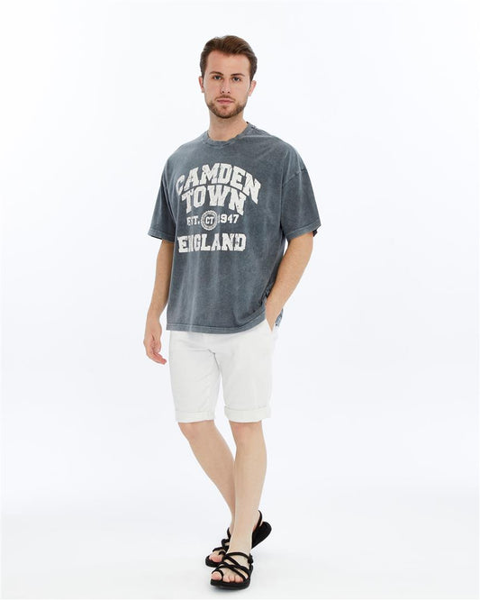 Stone Washed Effect ENGLAND'S CAMDEN TOWN TYPOGRAPHY  Front Printed Baggy T-shirt