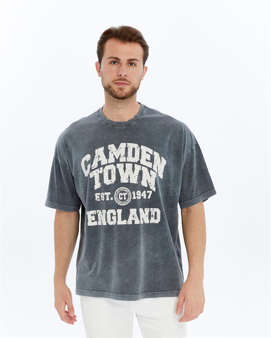 Stone Washed Effect ENGLAND'S CAMDEN TOWN TYPOGRAPHY  Front Printed Baggy T-shirt