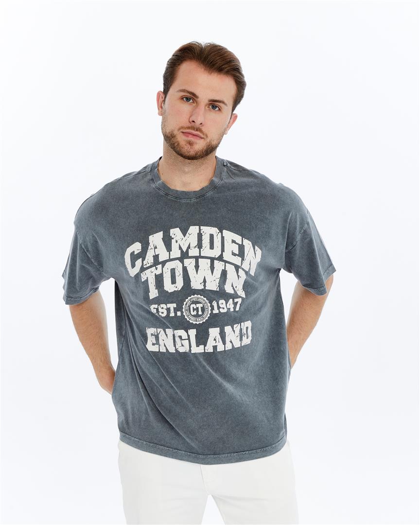 Stone Washed Effect ENGLAND'S CAMDEN TOWN TYPOGRAPHY  Front Printed Baggy T-shirt