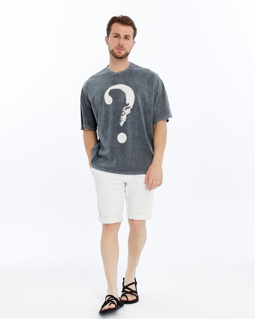 Stone Washed Effect SKULL MOON PONDER  Front Printed Baggy T-shirt