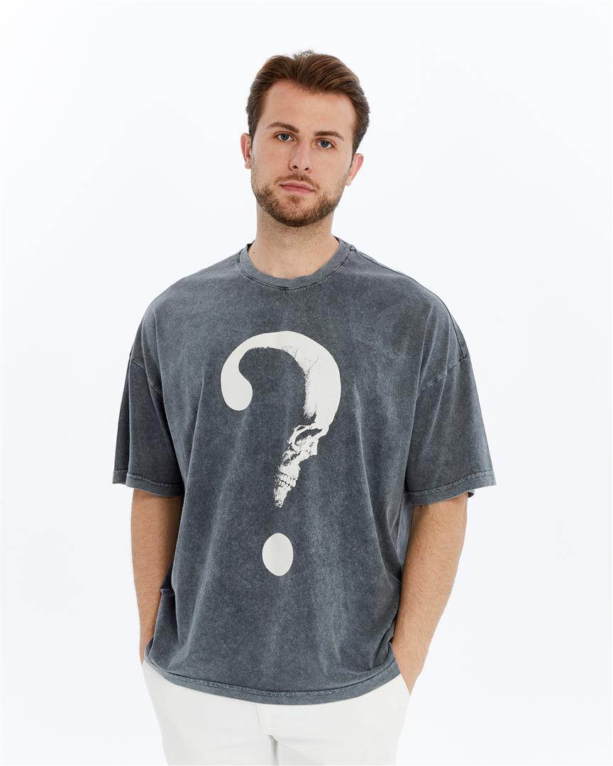 Stone Washed Effect SKULL MOON PONDER  Front Printed Baggy T-shirt
