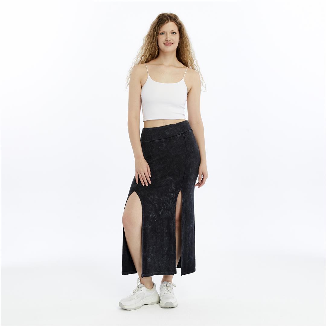 Stone Washed Cotton Plain Split  Maxi Skirt