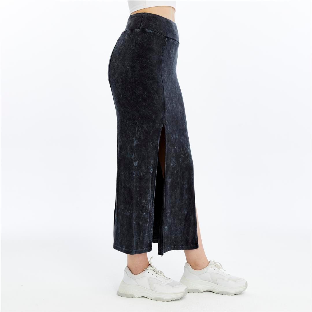 Stone Washed Cotton Plain Split  Maxi Skirt