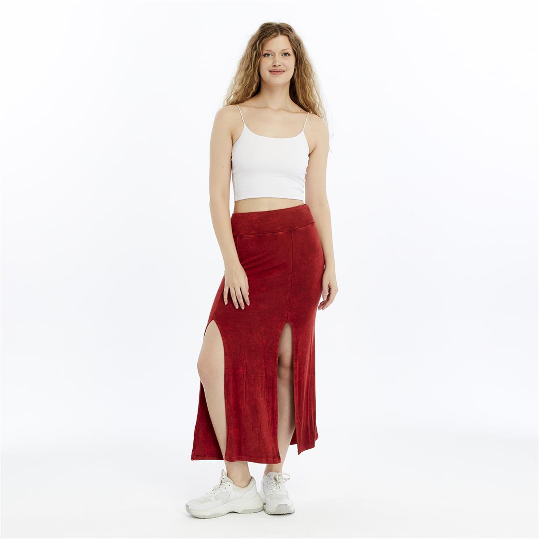 Stone Washed Cotton Plain Split  Maxi Skirt
