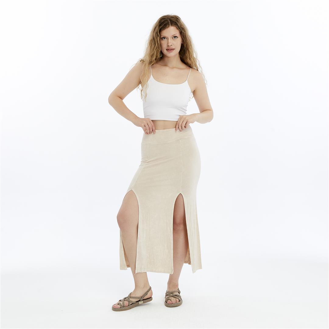 Stone Washed Cotton Plain Split  Maxi Skirt