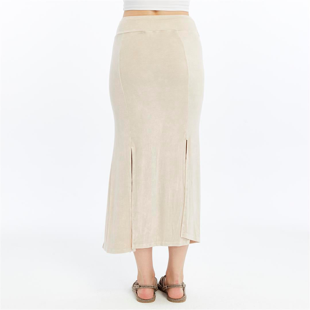 Stone Washed Cotton Plain Split  Maxi Skirt